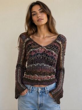 Free People Large Knit Open Back Drop Shoulder Multi Colored 80s Sweater Size XS